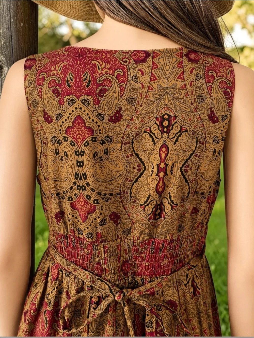 Apt 9 Paisley Boho Beaded Cotton Dress Size 6 Earthy Retro Festival Rust Color
